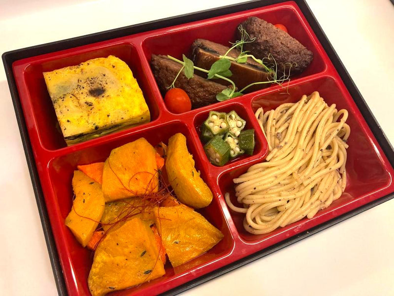 Japanese egg roll, beef steak, sweet potatoes Bento Box